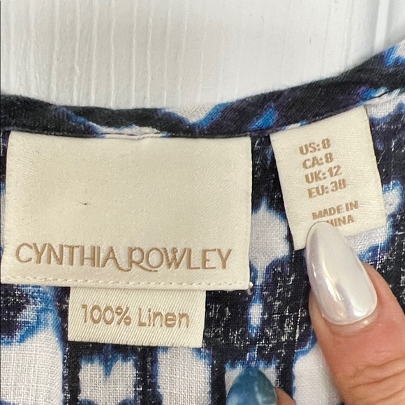 100% linen Cynthia Rowley Black and Blue Geometric Mini Dress - Picture 2 of 5